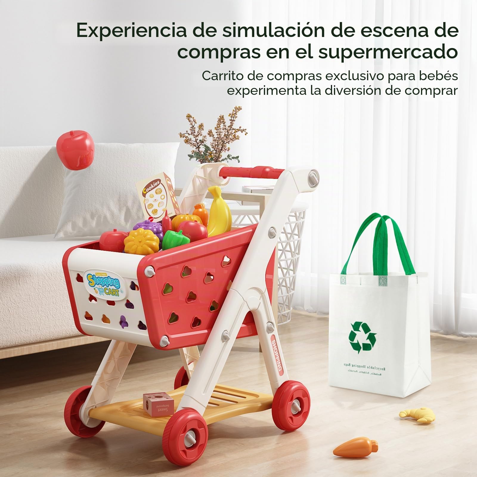 JOVOW Carro Compra Juguetes Infantil, 98 Piezas de Conjunto de Carrito de Compras para Niños con Bolsa de Compras, Conjunto de Juguetes de Cocina y Tienda para Niños y Niñas de 3 Años en Adelante | Perfecto para mayores de 3 años y juegos de rol