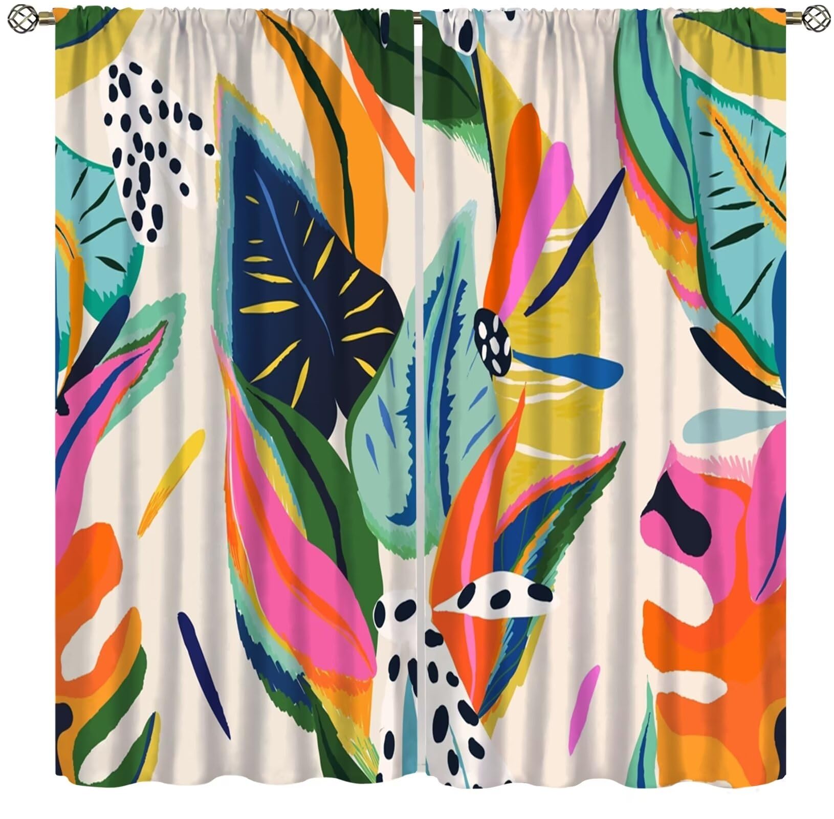 Boho Abstract Window Curtains Mid Century Rod Pocket Modern Leaves Colorful Curtain Drapes Geometric Curtains for Bedroom Living Room Treatment Set 2 Panels,42x45 Inches