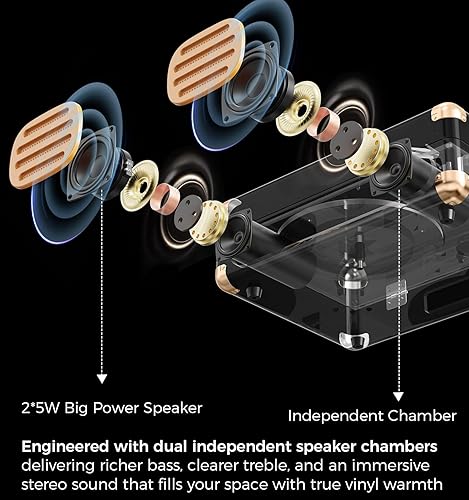 Miniatura 6 de Tocadiscos Bluetooth vintage, tocadiscos portátil de 3 velocidades con altavoces estéreo de graves integrados, fonógrafo de vinilo accionado por