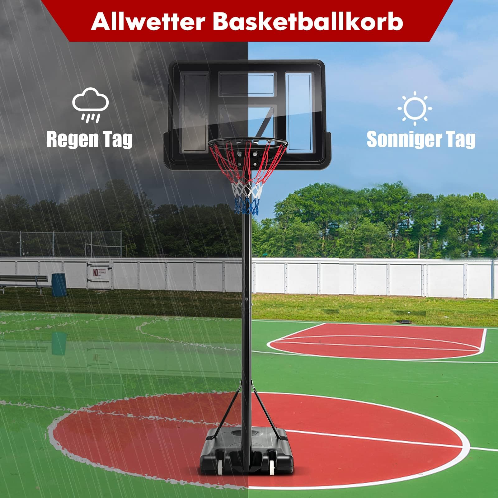 COSTWAY Basketballkorb Outdoor, 130/170-305cm höhenverstellbar, Basketballständer mit Ständer & 2 Rädern, Mobiles Korbsystem mit Ballaufbewahrung, Korbanlage für Kinder, Erwachsene