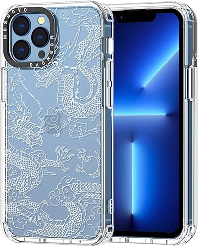 MOSNOVO Funda compatible con iPhone 13 Pro Max, estampado de dragón blanco para niñas, mujeres y hombres Buffertech Impacto Funda transparente de