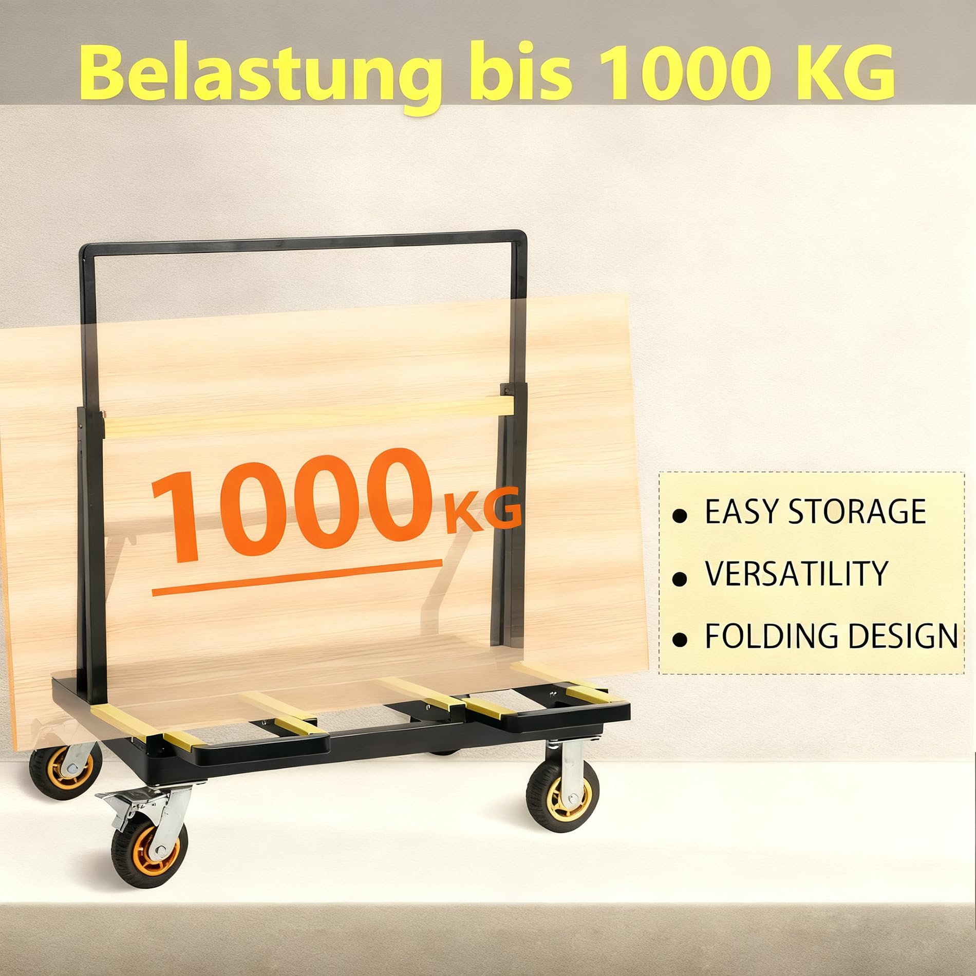 Plattenwagen mit 1000 kg Tragkraft, gummierte Lenkrollen – praktische Materialtransport-Lösung zum Transport von Glas und Sperrholz, für Werkstatt, Lager und Haushalt