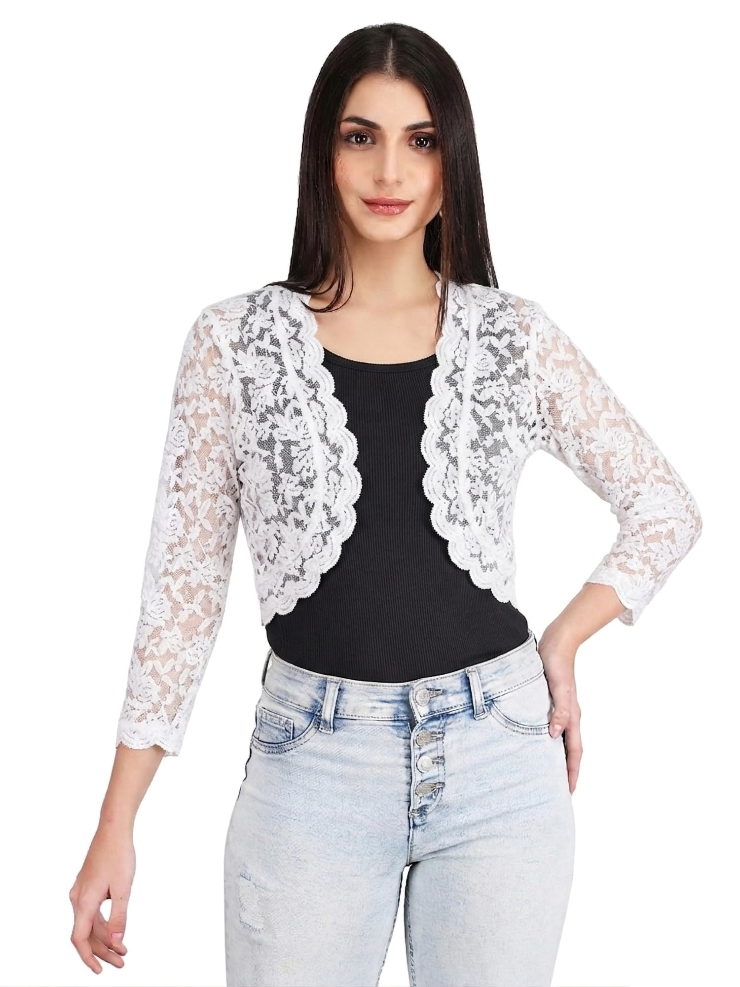 aol Women Floral Lace Shrug Stylish 3/4 Sleeve Sheer Embroidered lace Fabric Net Crop Shrug, Scalloped Hemline in Front and on Sleeves,Casual Outfit-picture-35