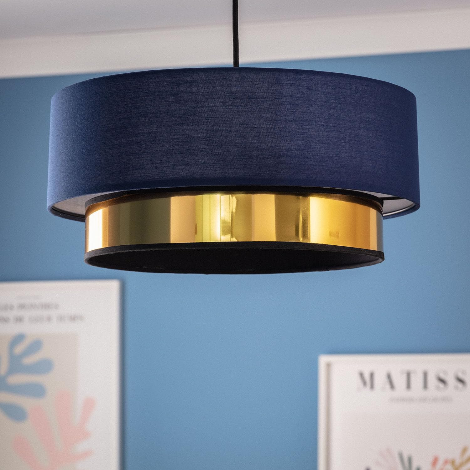 LEDKIA Pendelleuchte „Fiedrich“ In Marineblau – Moderner Stoffschirm Mit Verchromten Akzenten, 150 Cm Lang