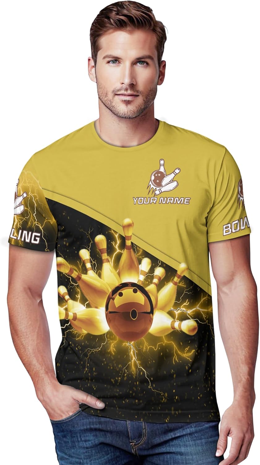 Mens Bowling Tshirt Personalized Yellow Lighting Bowling Pin T Shirt Printed Bowling Related Clothes