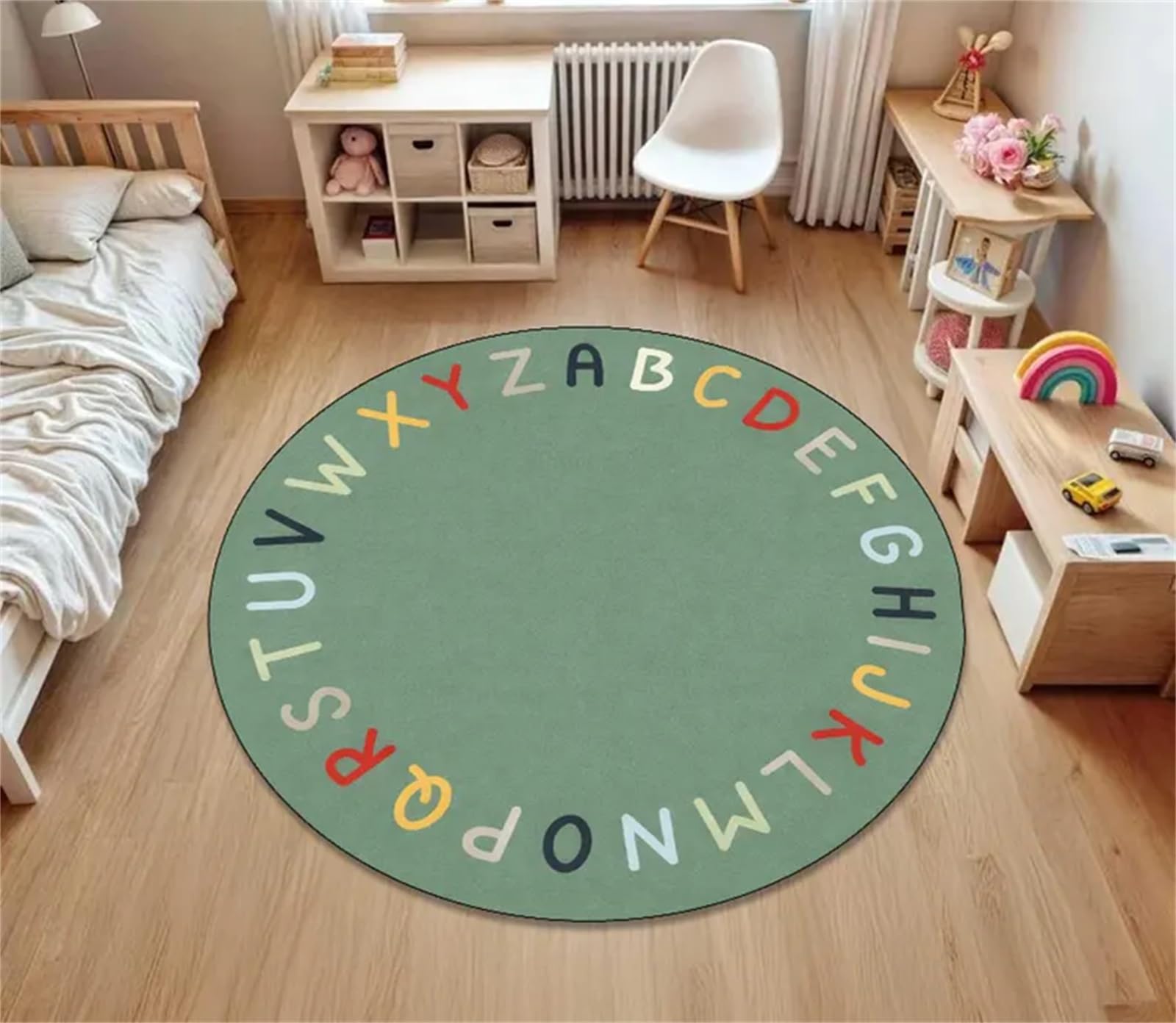 LHOMKCV Round Area Rug, 100cm Sage Green Alphabet Carpet, Washable Non-Slip ABC Educational Floor Mat for Classroom, Playroom & Bedroom Decor