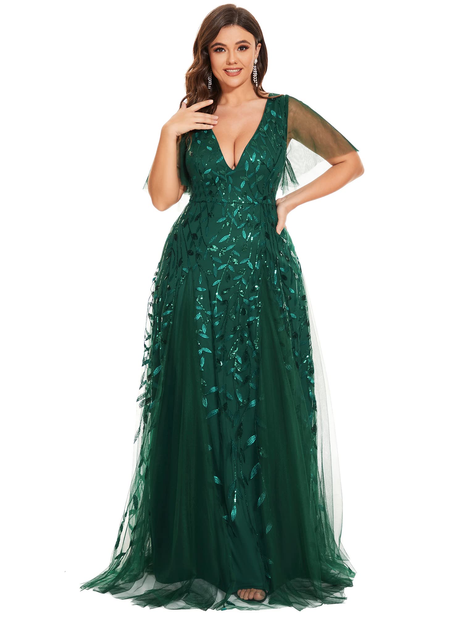 Ever-Pretty Abito da sera da donna con scollo a V e paillettes taglie forti, verde scuro, 58