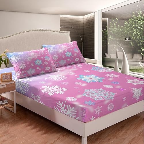 Miniatura 4 de Erosebridal Juego de sábanas de Navidad color rosa, diseño de copos de nieve pastel kawaii para niños, niñas y mujeres, lindos juegos de ropa de