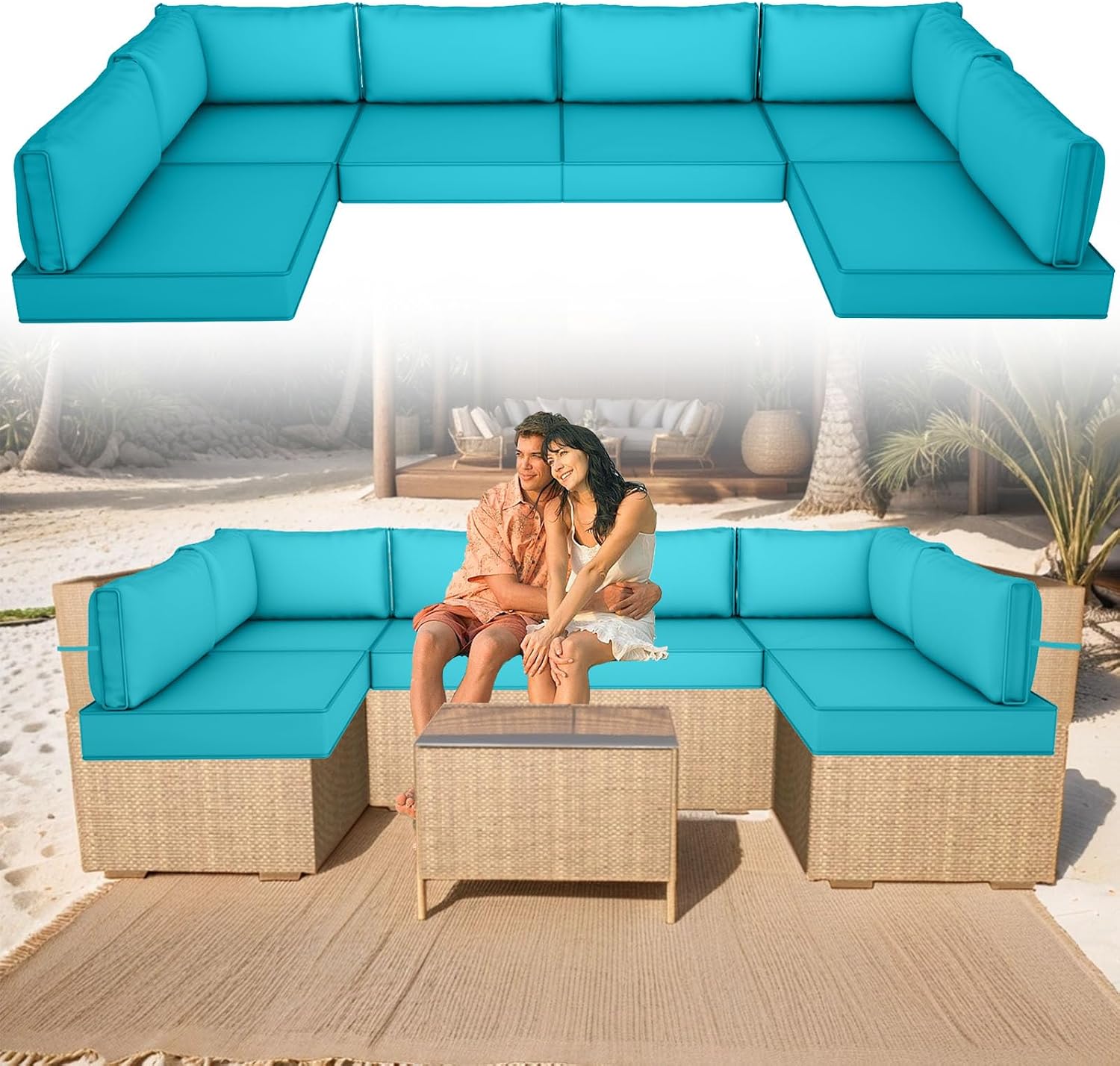 Outdoor Sectional Cushions, 4" Foam High-Density Furniture Replacement Cushions,14pcs Water-Resistant Outdoor Couch Cushions for 6-Seat Sectional Patio Conversation Sets (Lake Blue)