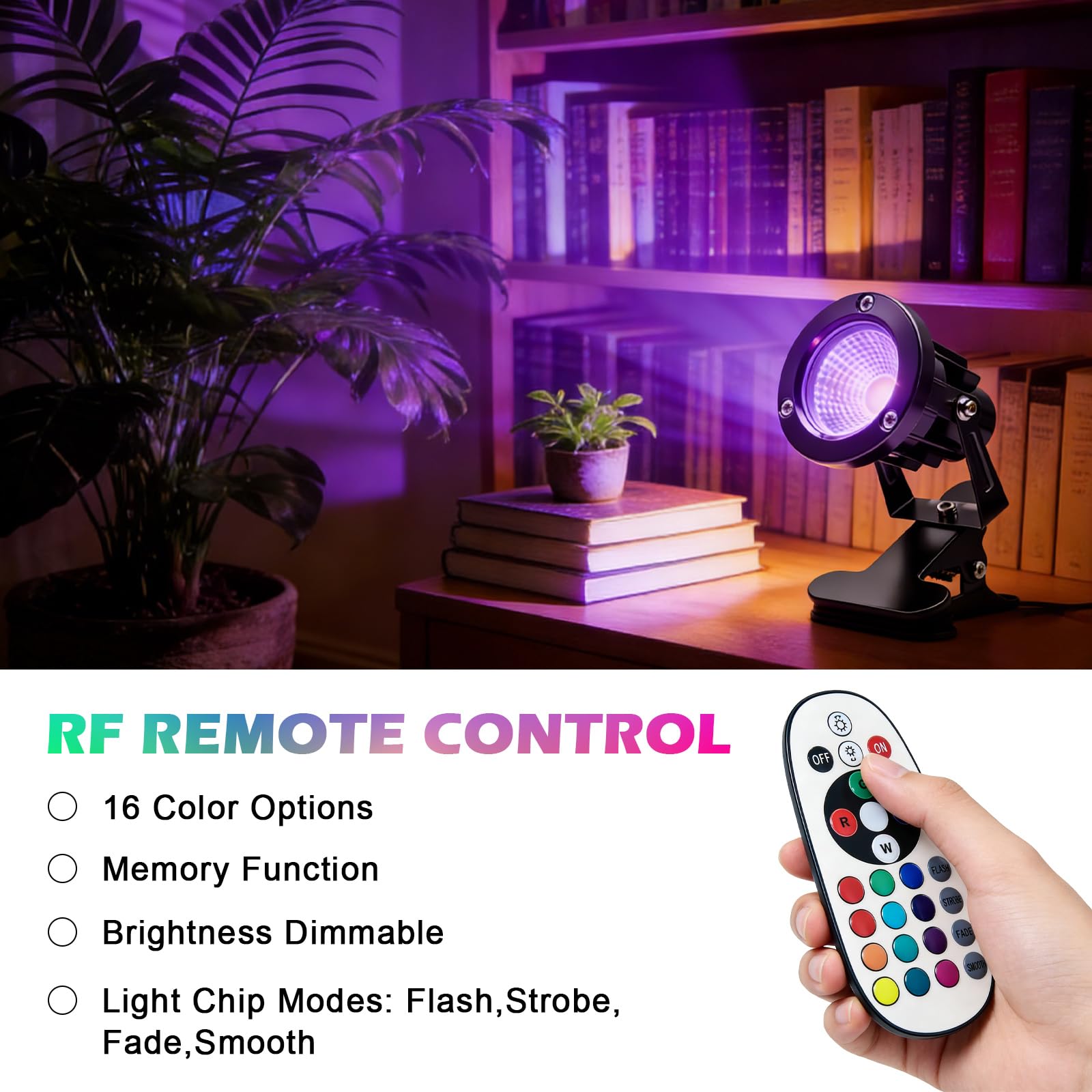PORFOYO LED Spot Klemmstrahler, 6W RGB LED Klemmspot mit Fernbedienung, Strahler Klemmstrahler mit Stecker und Schalter, Schreibtischlampe, 4 Modi 16 Farbtöne, Wasserfester Klemmlampe für Innen Außen