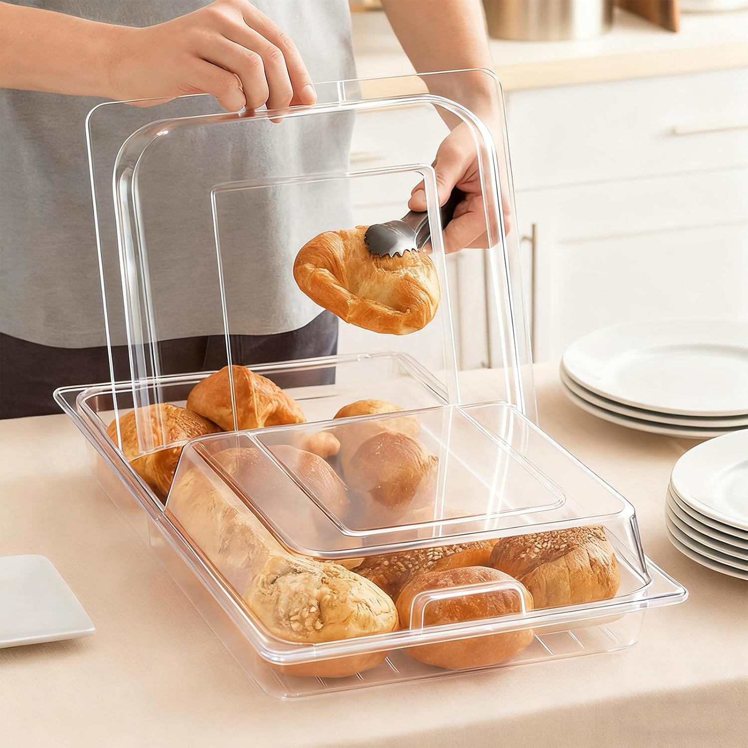 Blulu 4 Pack Polycarbonate Hinged Dome Cover with Handle 21" x 13" x 3" Rectangular Dome Cover Double Sided Handle Table Pot Lid for Buffet Tray Kitchen Hotel Steamer Hotpot Frying Pan Baking Tray
