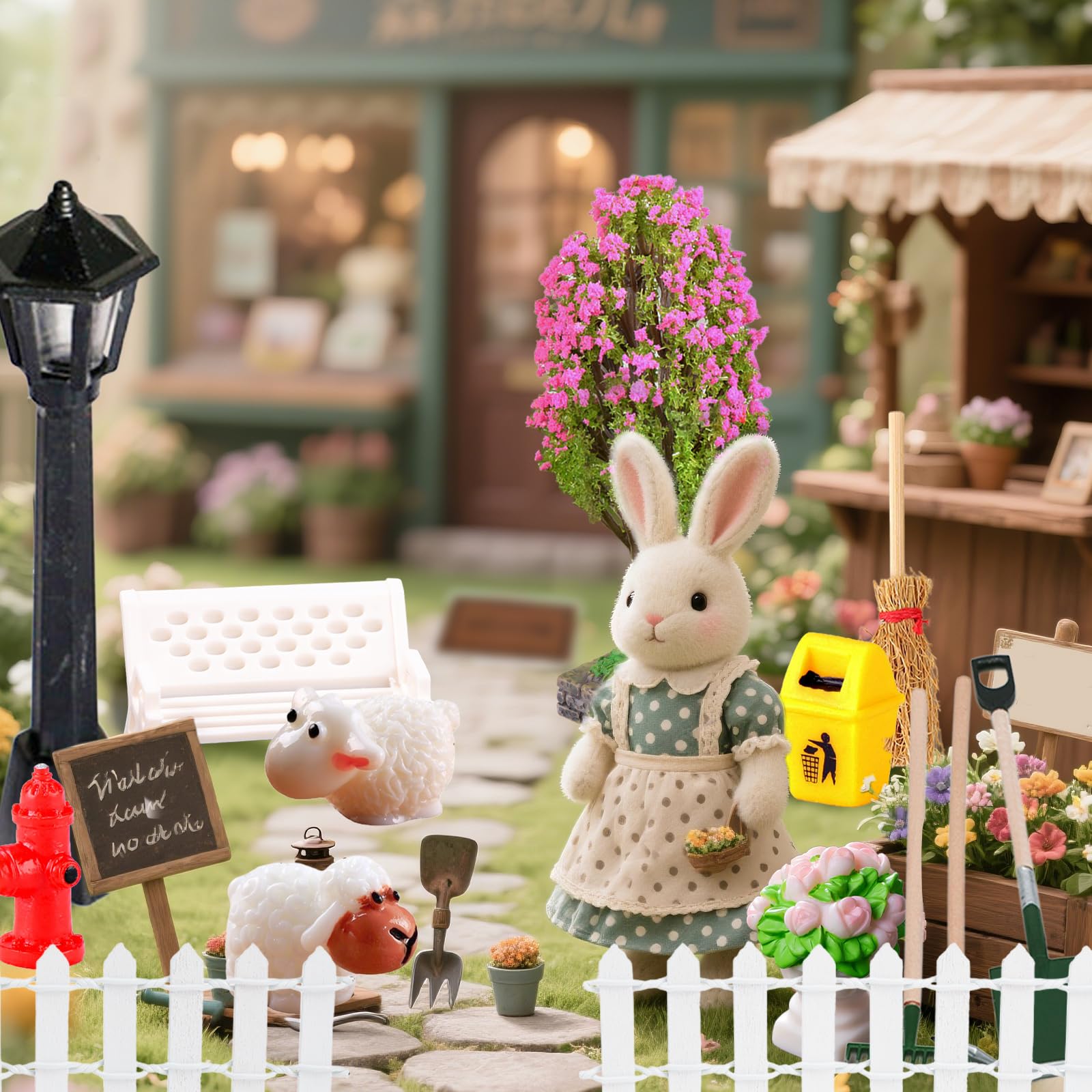 21 Stück Miniatur Garten Zubehör, Wichtel Zubehör Puppenhaus Zubehör Mit Gras, Stühle, Werkzeug, Zaun, Mülltonne, Hydrant, Blumenbeet, Kreppmyrte, Besen, Teppich, Schafe Wichtel Garten Set