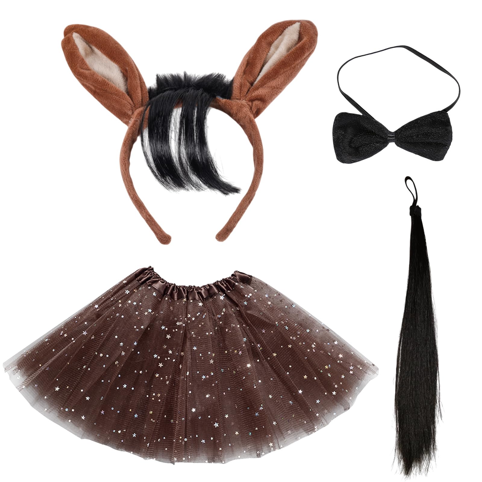 TUONYIS 4 Pieces Brown Horse Costume Set,Hair Band Tail Bow Tie Star Skirt Suit Set,Dress Up Donkey Horse Animal Accessories,for Kid Christmas Children's Day Farm Party Halloween(Brown)