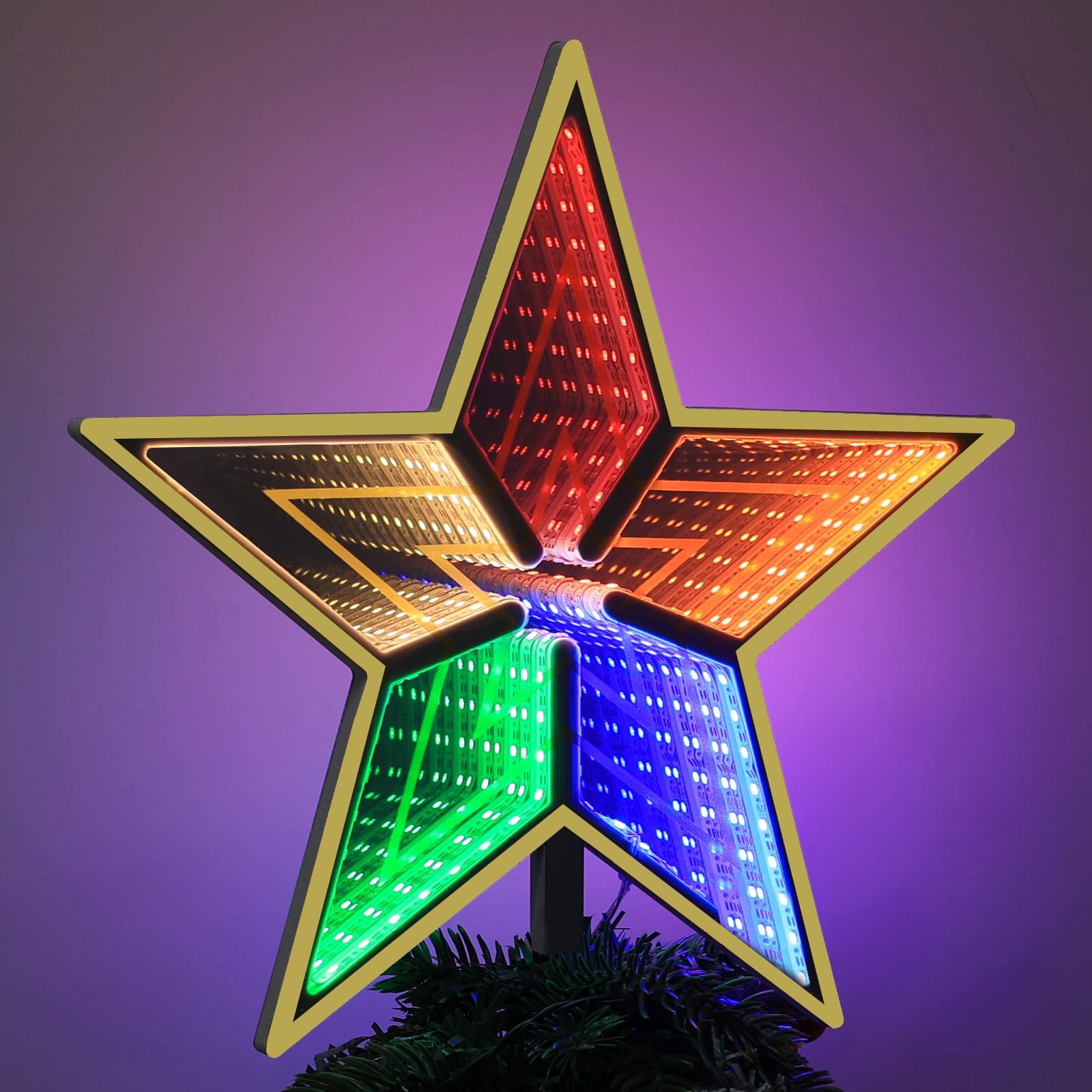 MEETYAMOR Ozdoba choinkowa, 38 cm, 130 diod LED, podświetlany złoty 5-punktowy czubek na choinkę, lustro nieskończoności 3D, kolorowe światła, błyszczące ozdoby świąteczne na wierzchołku drzewa