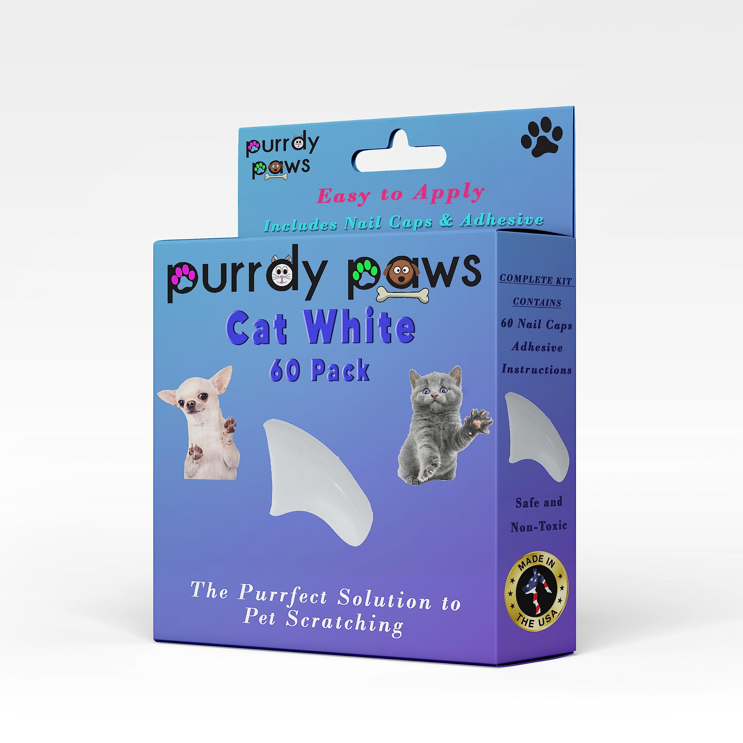 Purrdy Paws Soft Nail Caps 60 Packs for Cats - White Medium