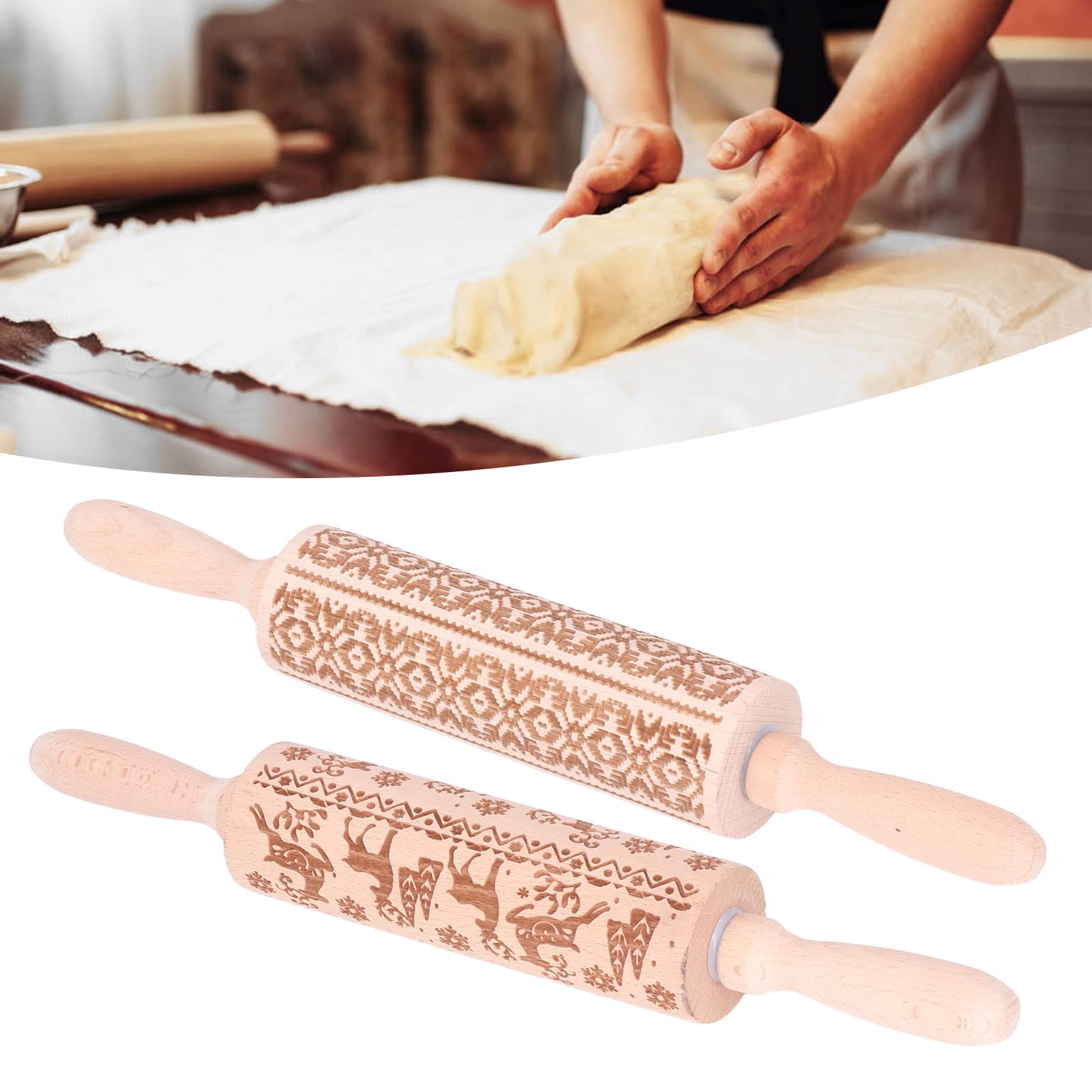 Madera con símbolos temáticos Grabados en 3D para Hornear Galletas en Relieve, Pasteles, Pizza, Galletas, Rodillo, Herramienta de Cocina, 13,78 Pulgadas (costumbres exóticas)