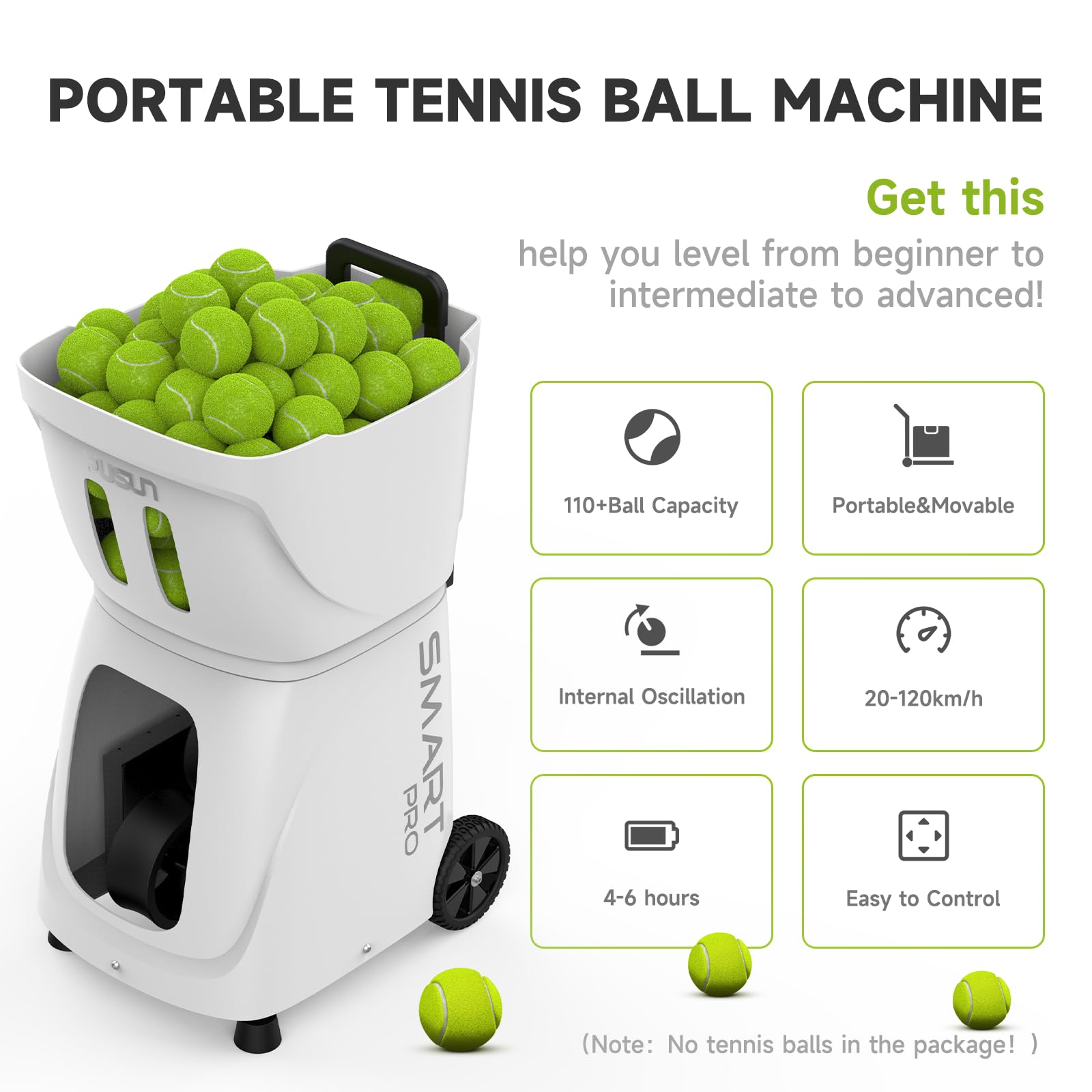 PUSUN PT-Smart Pro Padel wyrzutnia piłek tenisowych o pojemności 115 + piłki, maksymalna prędkość 74,56 MPH, sterowanie aplikacją/pilotem/iWatchem, wiercenie AI, programowanie, losowa piłka na pełnym