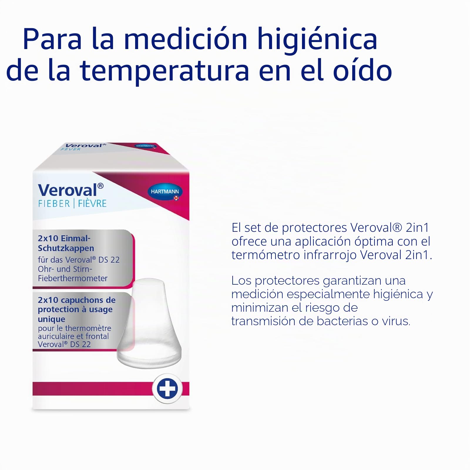 Veroval Termómetro infrarrojo 2 en 1, medición rápida de la fiebre en el oído y la frente, ideal para familias, incluye 10 tapas protectoras