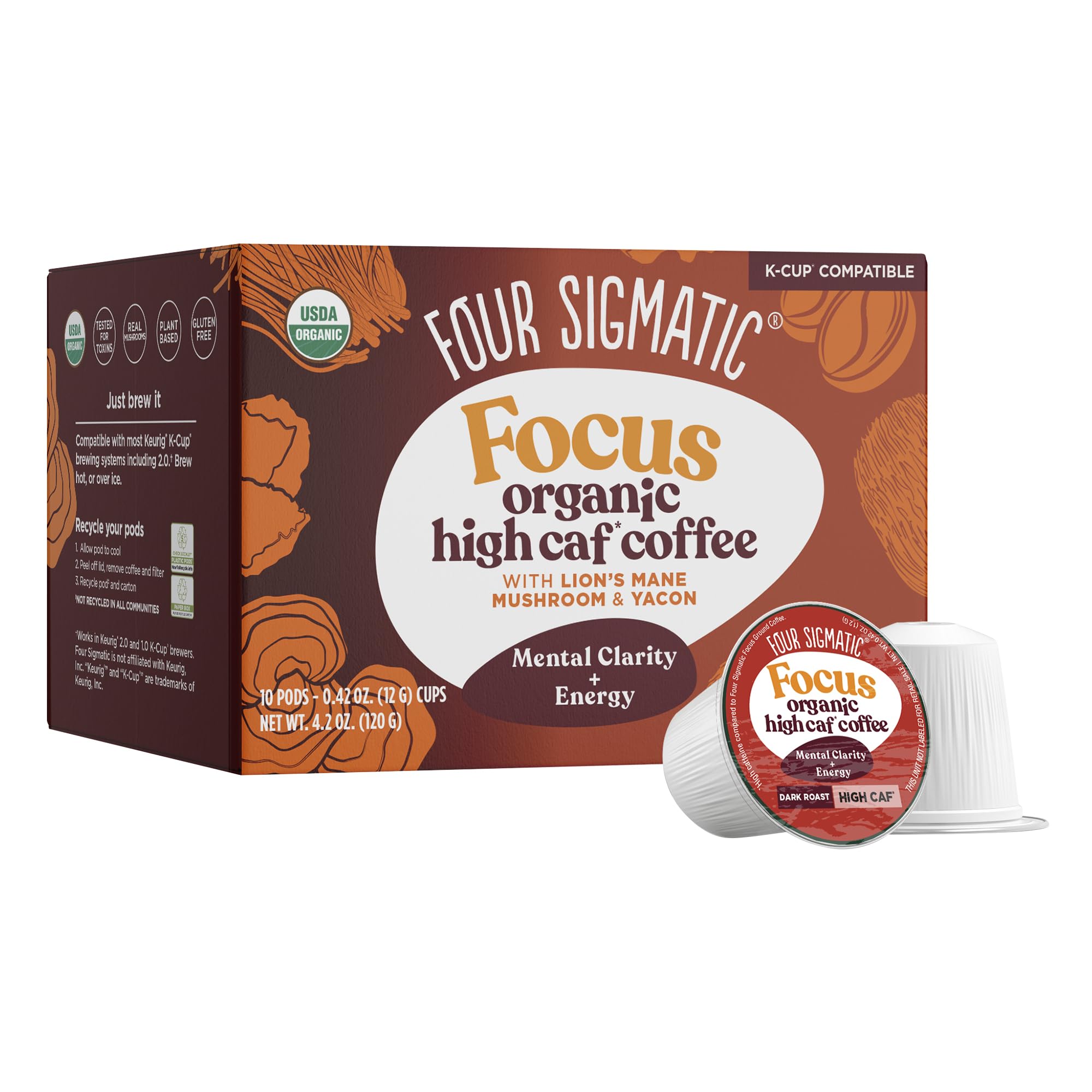 Four Sigmatic High Caffeine Mushroom Coffee K-Cups | Organic Dark Roast Coffee with Lion’s Mane & Yacon | Focus & Immune Support | Vegan & Keto |