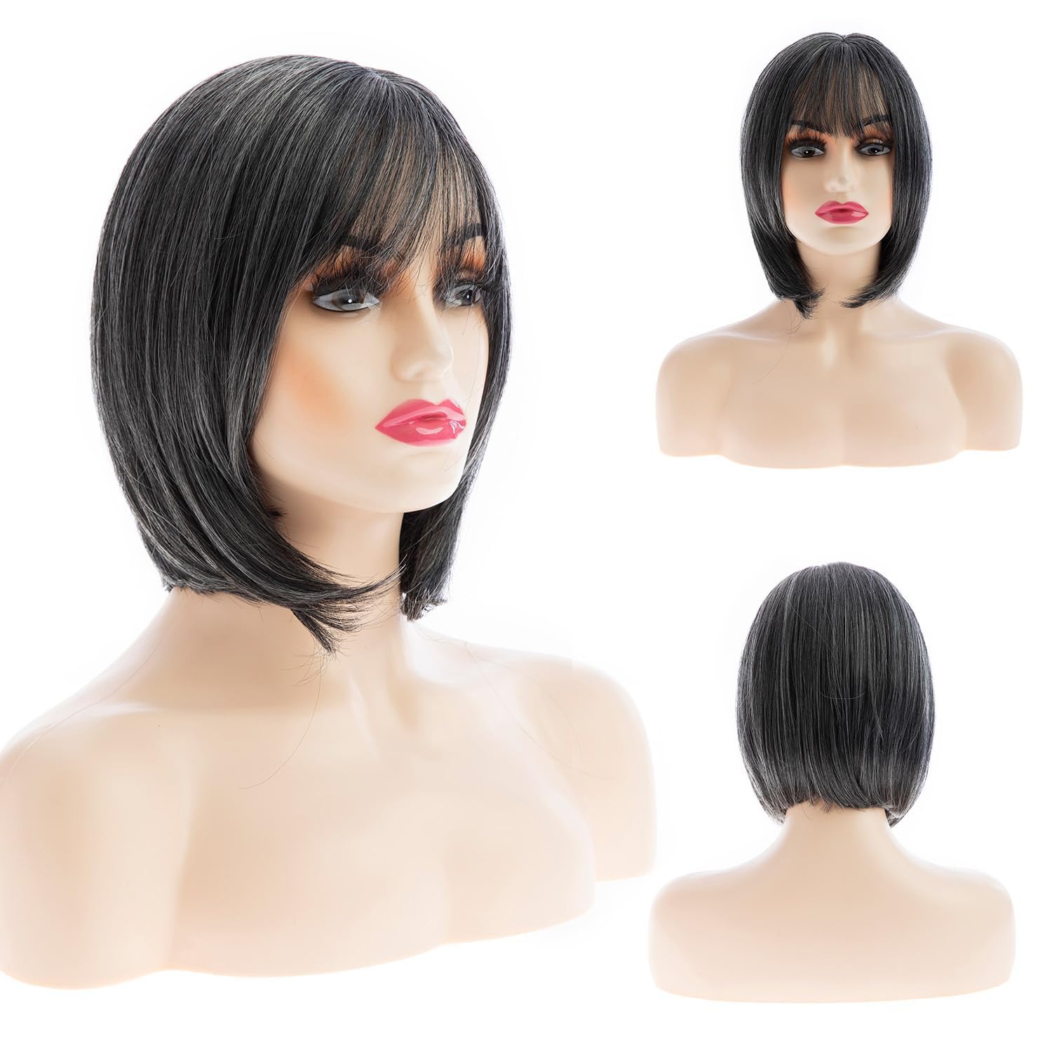 Qnbiar Grey Bob Wig for Women Short Mix Gray Natural Straight Hair with Bangs Heat Synthetic Cosplay Costume Hair Wig