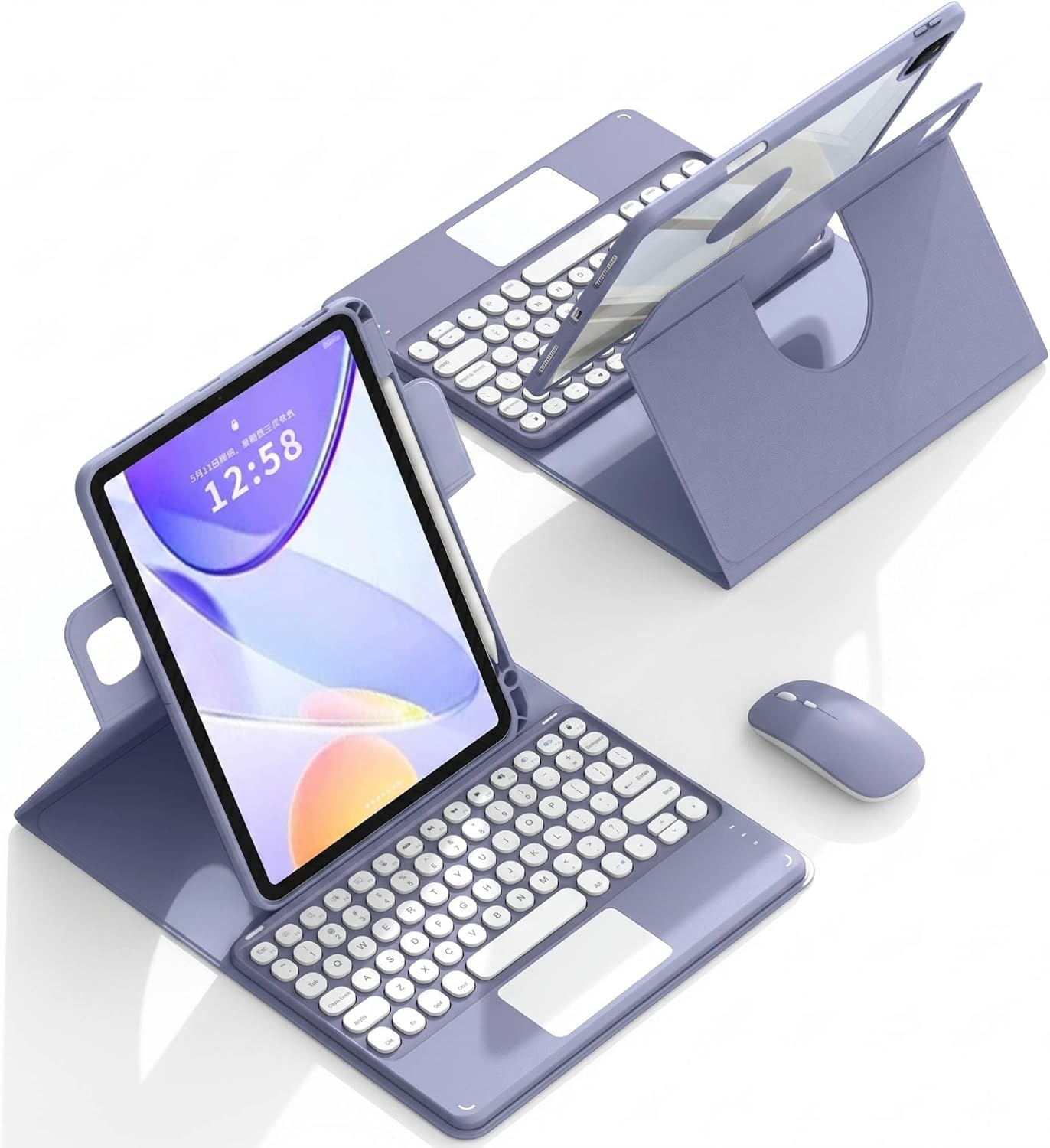 Touchpad Keyboard Case for Galaxy Tab S10 Lite/S10 FE/S9 FE 10.9"/Tab S9 11", 360 Degree Rotating Cover with Color Round Key Magnetic Removable Keyboard with S Pen Holder, Purple