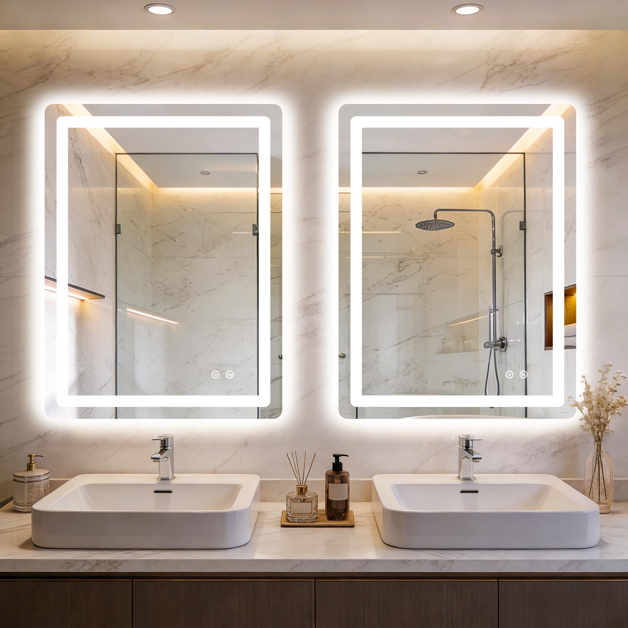 Photo 1 of LED Bathroom Vanity Mirror with Lights, Front Light and Backlit, 2 Pack 32x24 Lighted Vanity Mirrors for Bathroom, Dimmable Brightness, Anti-Fog, 3 Colors, Memory Function, Shatterproof Tempered Glass