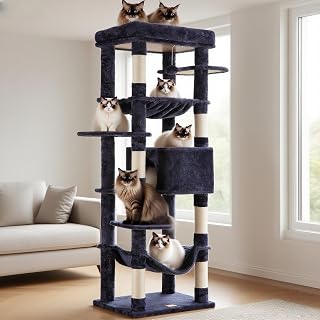 Heybly Cat Tree for Large Cats 20 lbs Heavy Duty,69 inches XXL Cat Tower for Indoor Cats,Multi-Level Furniture Condo with Big Padded Plush Perch,Cozy Basket HCT031G
