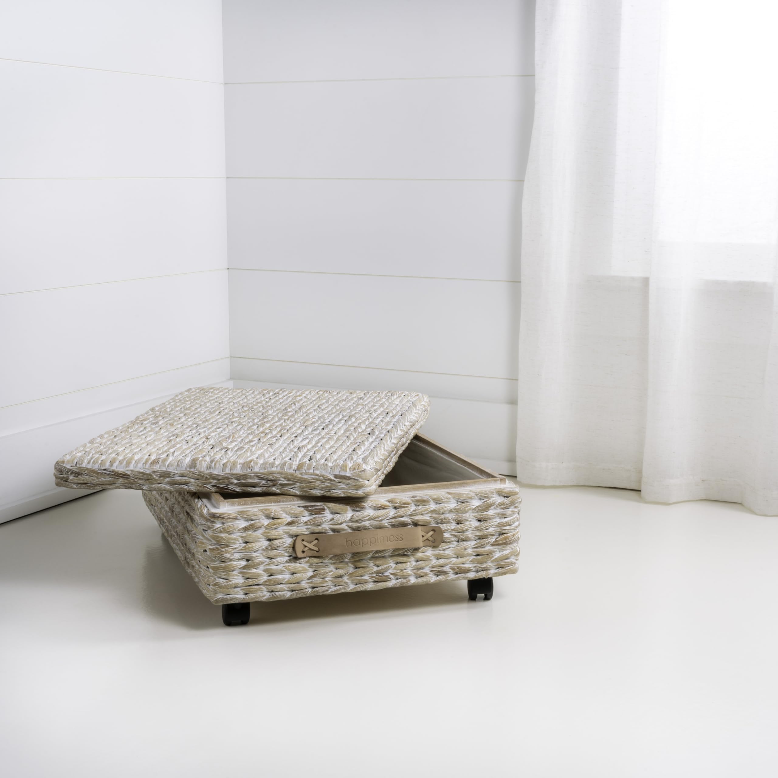 happimess Chett BSK1006C Minimalistischer handgewebter Hyazinthe/Holz, Unterbett-Aufbewahrungsbehälter mit Rollen und Griffen für Aufbewahrung und Dekoration in Badezimmer, Schlafzimmer, Schrank,
