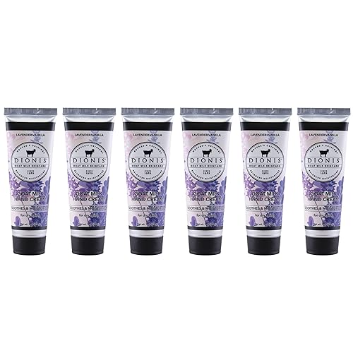 Dionis Juego de 6 mini lociones perfumadas de 1 onza para manos secas, cremas hidratantes de manos de tamaño de viaje, fórmula cremosa sin parabenos