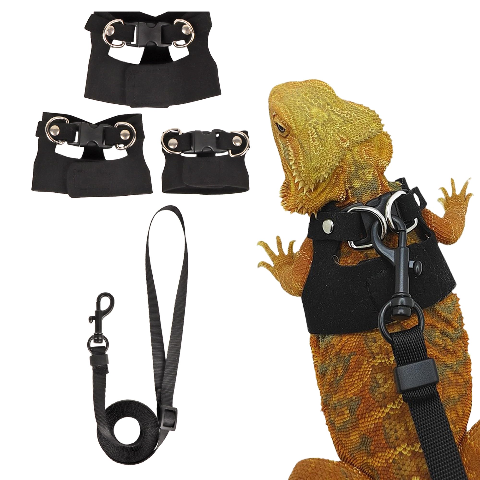 ADOGGYGO Bearded Dragon Harness Leash Set, 3 Size Lizard Harness, Black