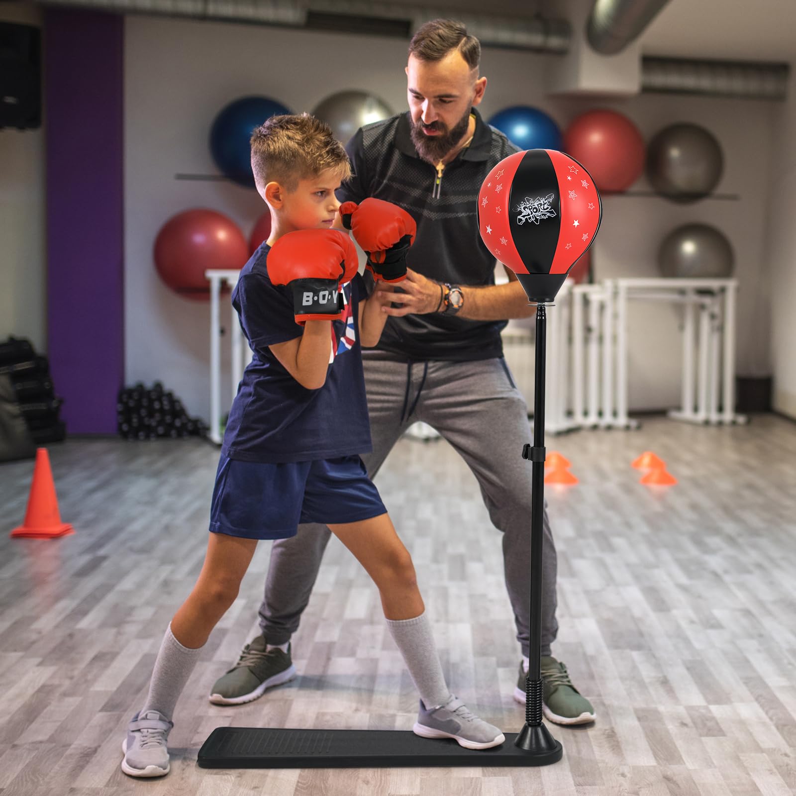 RELAX4LIFE Pungiball Bambini - Sacco da Boxe con Base a Pedale, Altezza Regolabile 85-130cm, Inclusi Guantini e Pompa Bambini 3-10 Anni