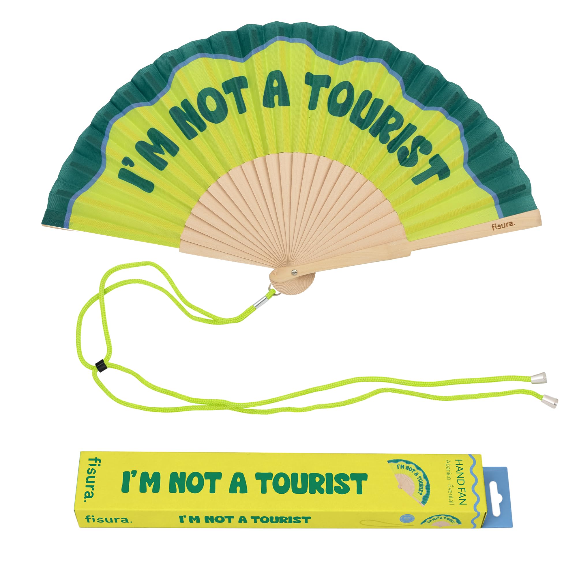 Fisura – Original “I’m Not a Tourist” Message Folding Fan, Modern and Colourful Folding Handheld Fan, Green Design for Wedding, Rave, Festival - Includes Strap. Size: 42.5 x 23 cm