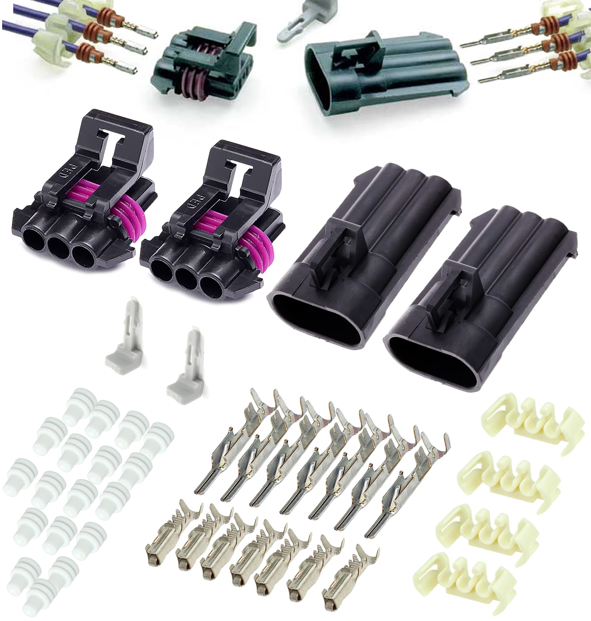 (2-Pack) 3-Pin Metri-Pack 150 Series 3-Way 16V & 14amps Connector w/20 22 AWG Sealed