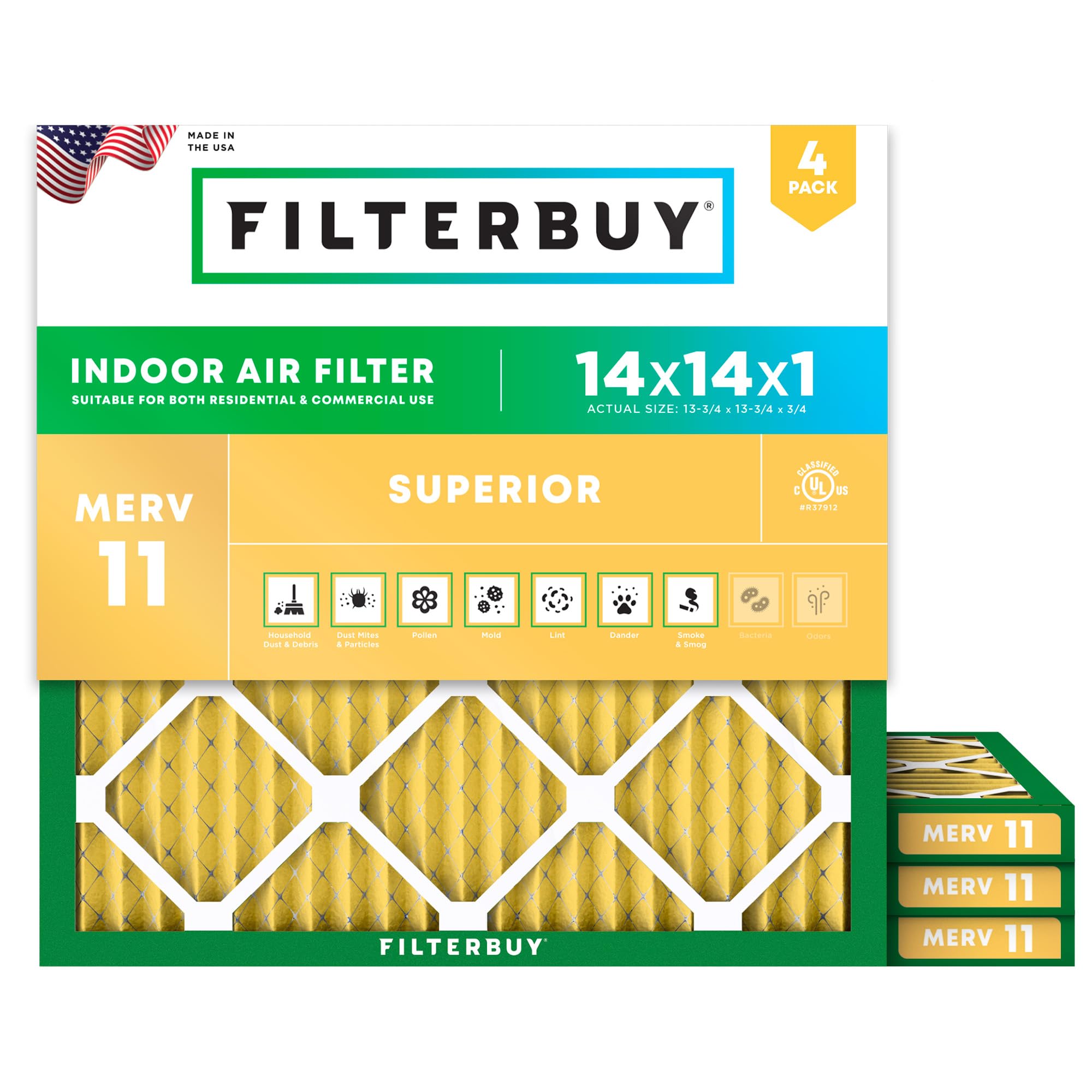 14x14x1 Air Filter MERV 11 Superior Pet & Allergy Defense (4-Pack), Electrostatic Pleated HVAC AC Furnace Filters Replacement, Made in USA (Actual Size: 13.75 x 13.75 x 0.75)