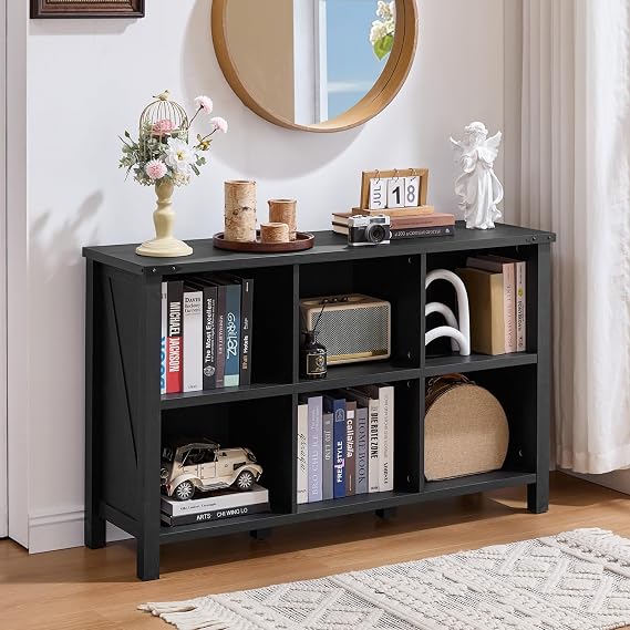 Joaxswe 6 Cube Bookcase, Farmhouse Wood Low Storage Organizer Book Shelf, Black 47 Horizontal Console Bookshelf with Legs, Hallway Book Case for Entryway, Display Cabinet for Living Room, Office