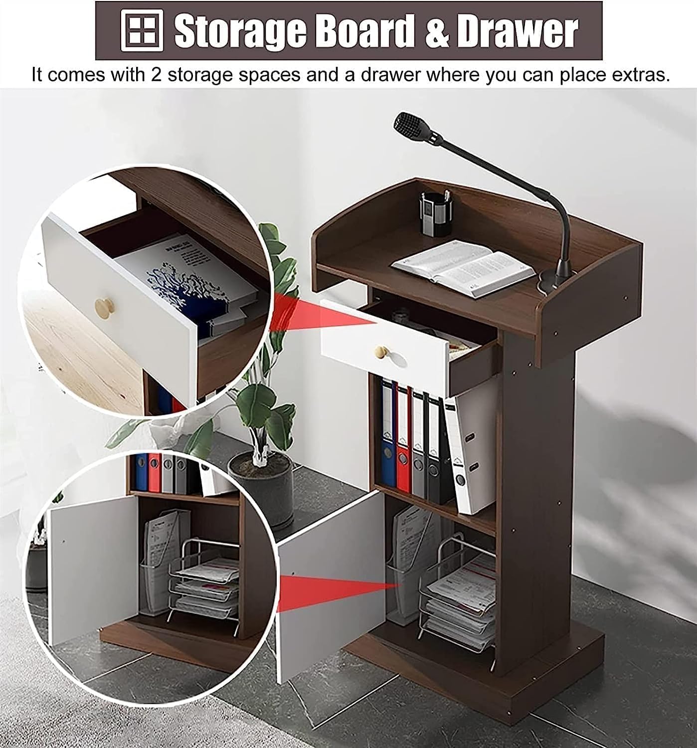 Podium Podio Pupitre sur Pied en Bois, pupitre Simple avec Support de Rangement Ouvert, tiroir spacieux, Bureau d'ordinateur Portable, Table de conférence