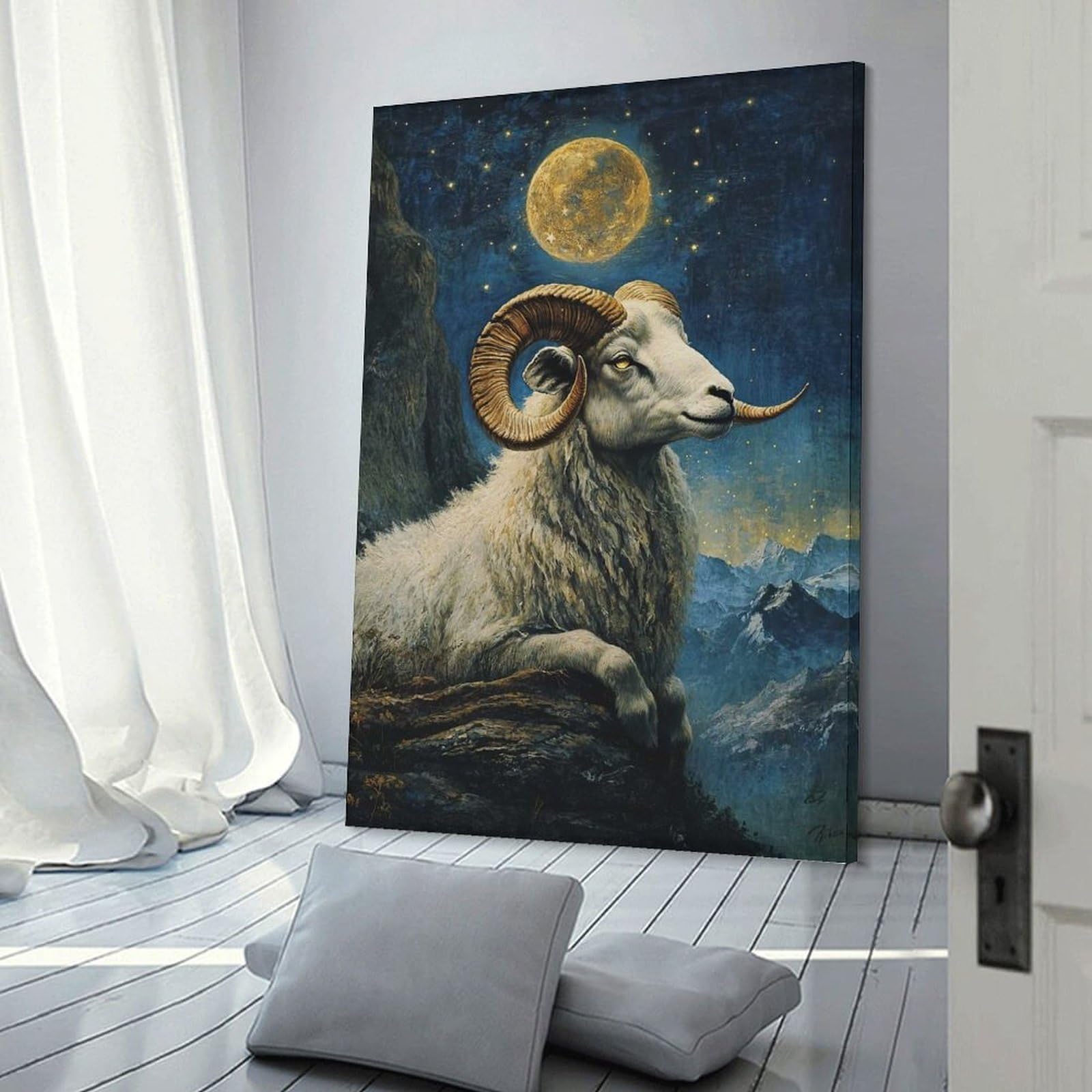 Junmoney Frame-Style-12 Decorative Wall Artwork Ram Under The Moon, 20X30inch(50X75cm), For Contemporary Homes, Apartments Or Offices, An Easy Choice For New Home Styling