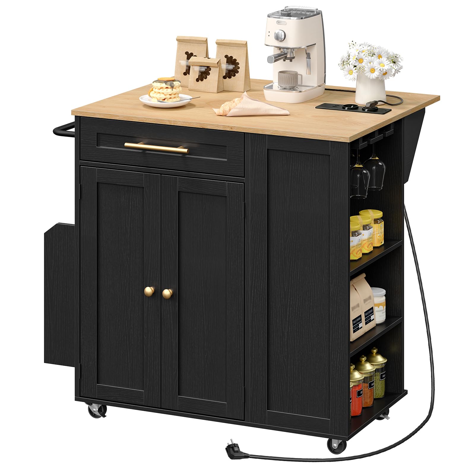 Isola da Cucina con Piano Estensibile, Carrello da Cucina Mobile con Stazione di Ricarica, Doppie Ruote Bloccabili, Ripiano Regolabile e Cassetto, per Piccoli Spazi (Nero, Colore Naturale)