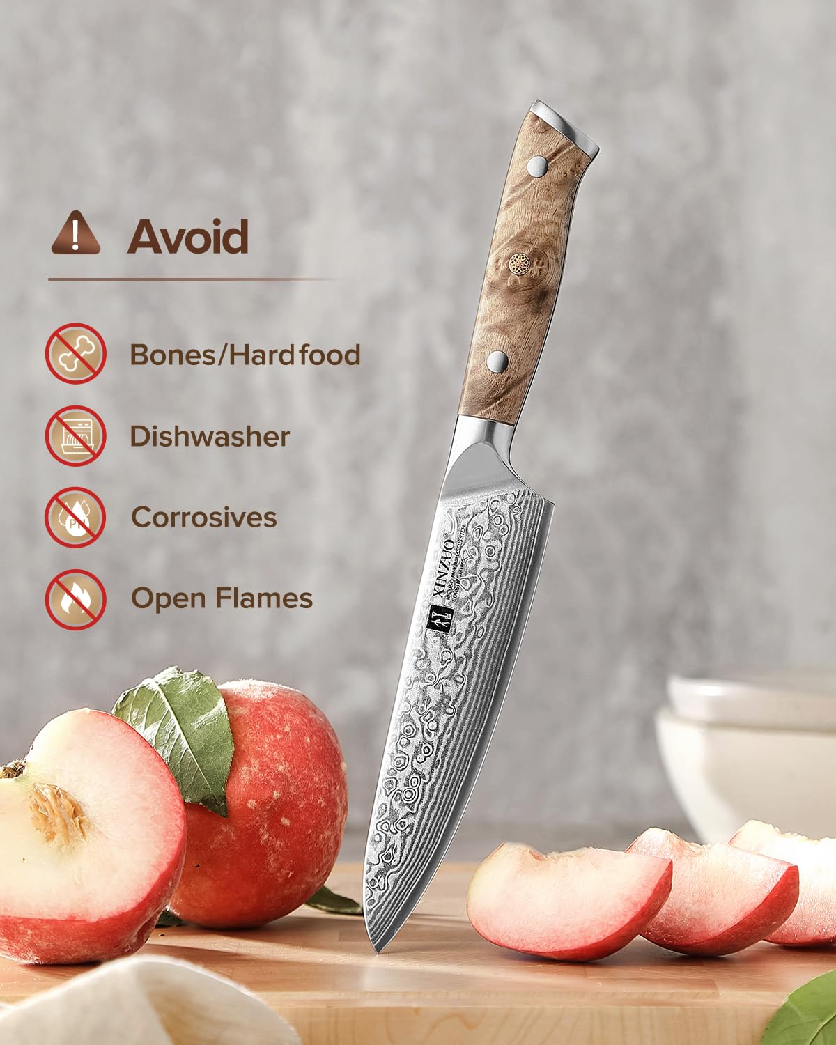 XINZUO Acero de Damasco Cuchillo Universal de Cocina 13,3cm Cuchillo para Pelar de Fruta -Mango Ergonómico de Figured Sycamore Wood -para Carne, Pescado, Fruta y Verdura -con Caja de Regalo