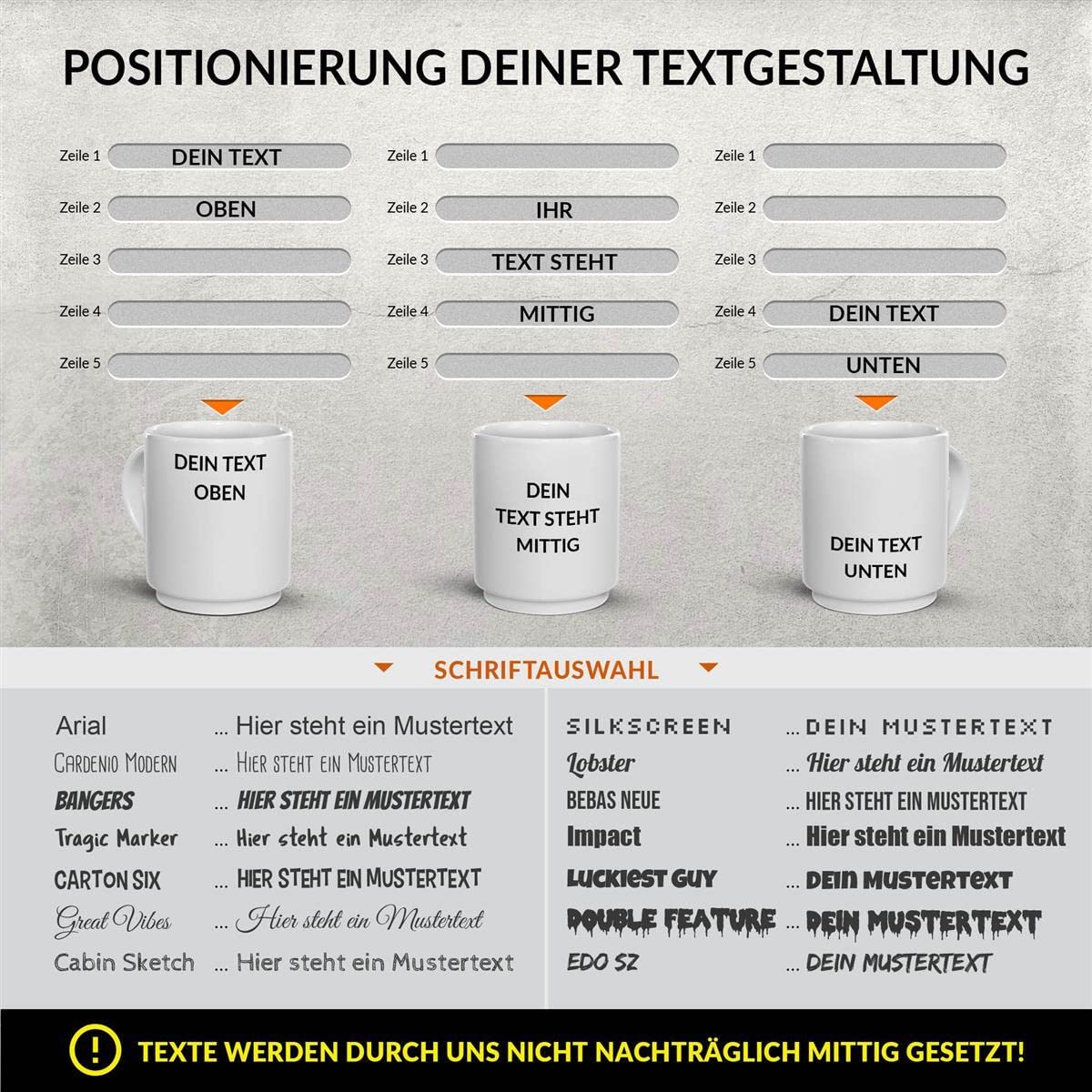 Stapel-Tassen individuell selbst gestalten - mit Text & Name bedrucken - personalisierbar für jedes Familienmitglied mit eigenem Spruch, für Kollegen - Keramik, Stapelbar 5-er Set, für 5 Personen