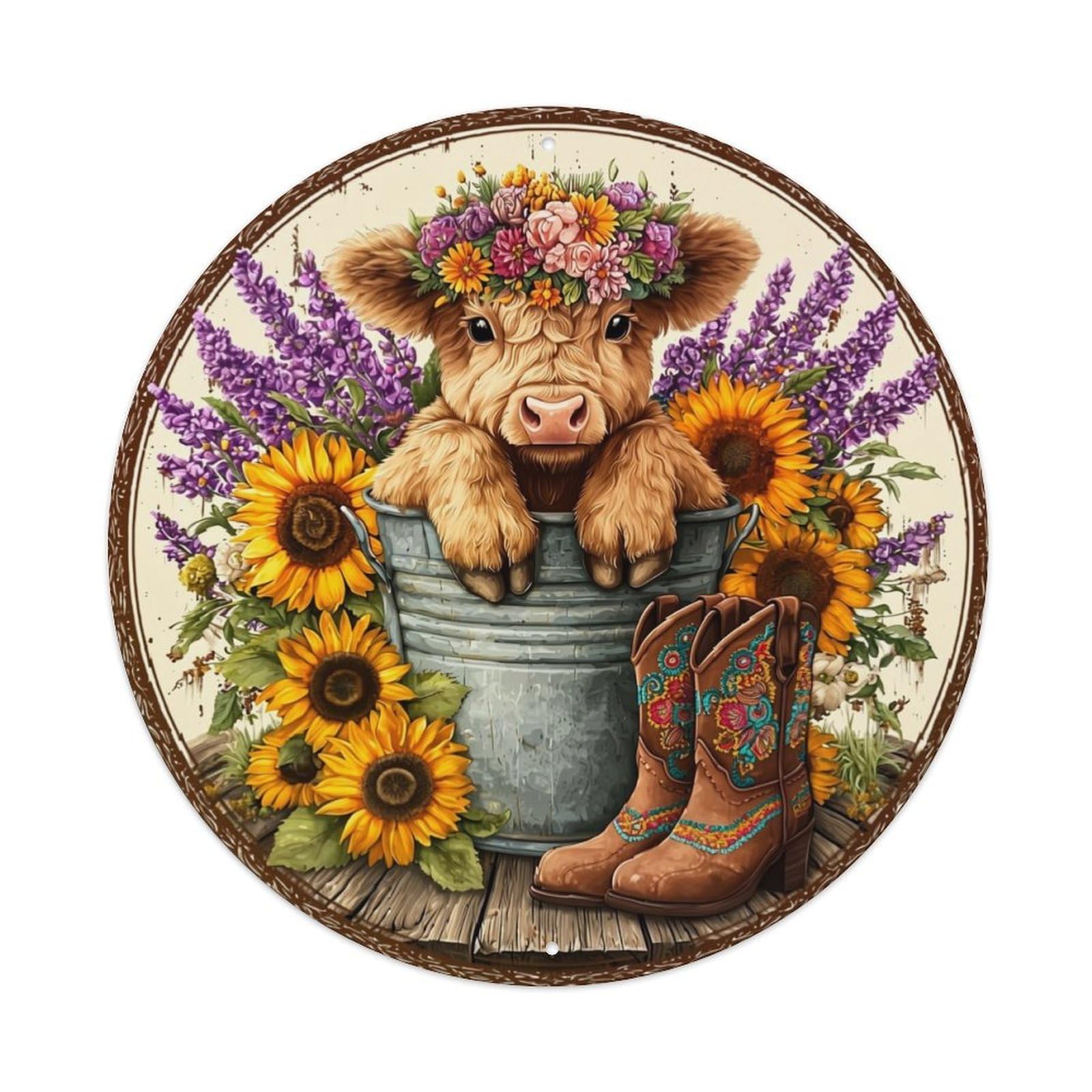 Calf In Bucket With Flowers Vintage Metal Tin Sign Retro Wall Decor for Home Bar Garage Cafe, Indoor & Outdoor Decorative，circle Metal Poster, 8x8 Inch