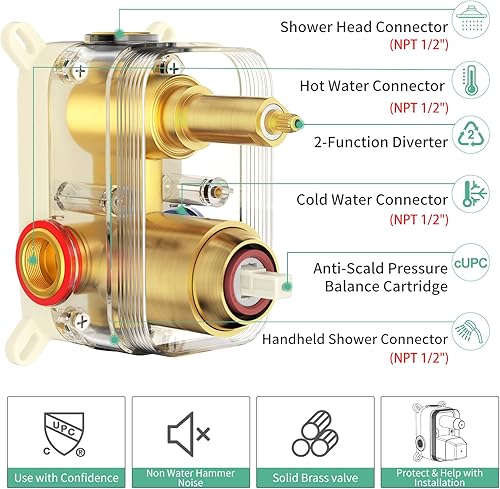Miniatura 96 de SR SUN RISE Sistema de ducha – Sistema de cabezal de ducha de alta presión de 12 pulgadas – 6 ajustes de cabezal de ducha de mano – Juego de grifo