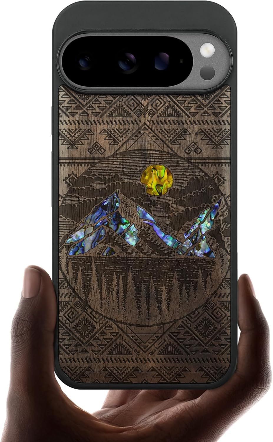 Carveit Magnetic Wooden Case for Pixel 10 / Pixel 10 Pro Case, Wood Artisan Engraved & Handmade Shell Inlaid, Compatible with MagSafe Wireless Chargers, Aztec Style Alpine Lakes - Walnut