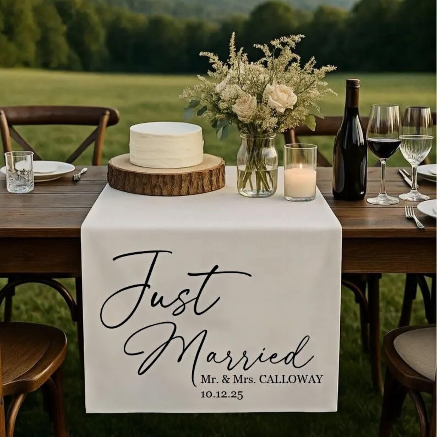 Personalized Just Married Table Runner, Custom Cotton Linen Fabric Wedding Banner, Modern Outdoor Wedding Sweetheart Table Decor(E)