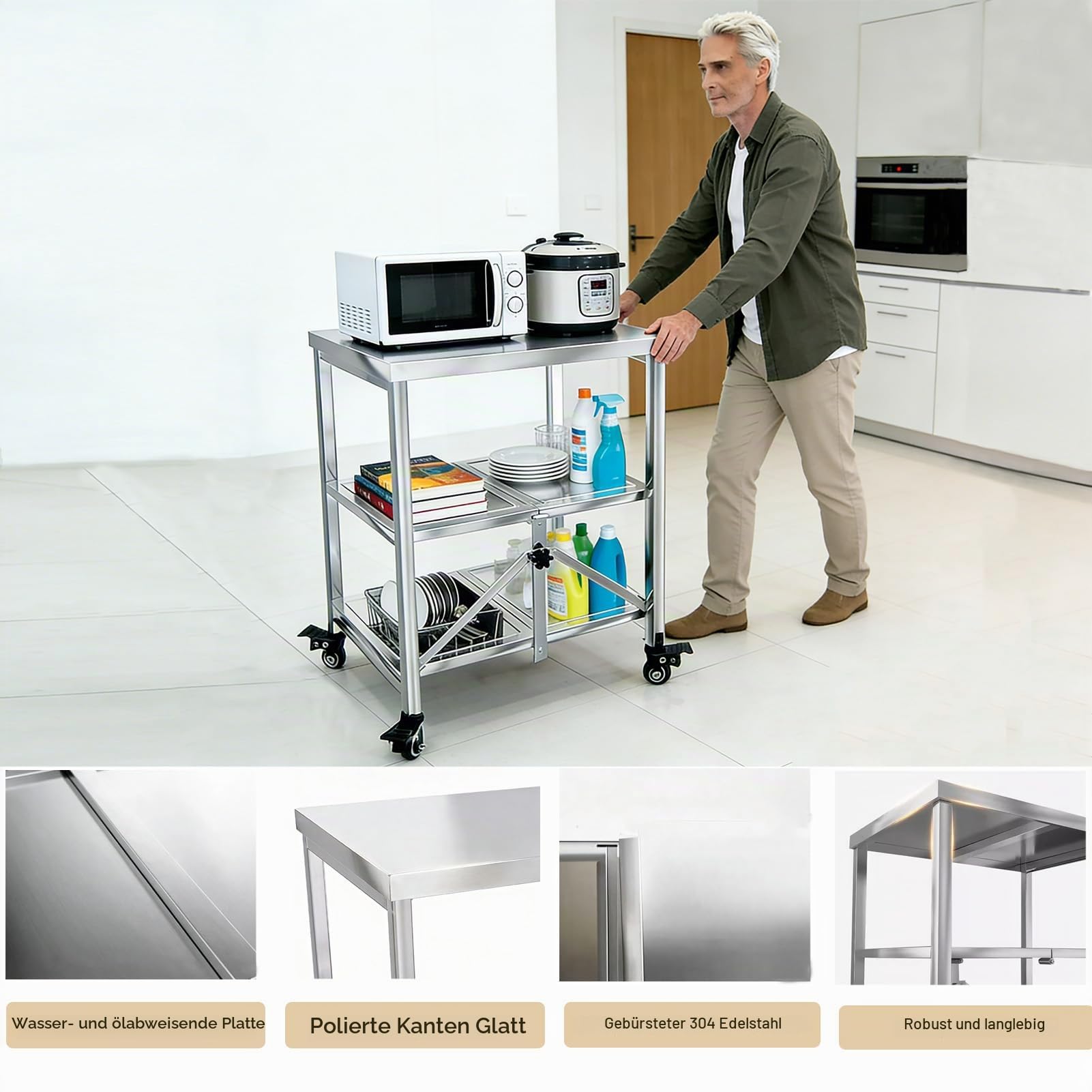 Ebenen klappbare Servierwagen Edelstahl, Regal mit Feststellbremse Rollen | Küchenwagen Servierwagen mit Stauraum, für Küche, Garten, Vielseitiger Allzweckwagen für kleine Räume, 60x45x80cm