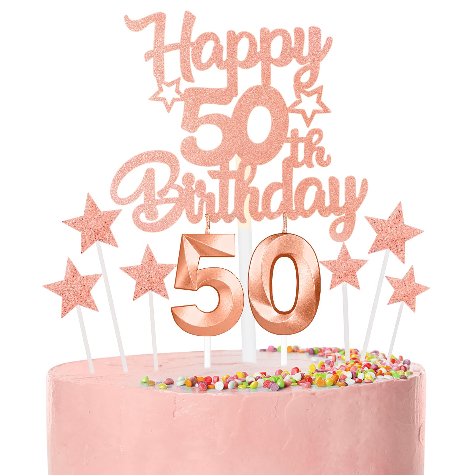 Rose Gold Happy 50th Birthday Candles Cake Topper Set,Rose Gold Number 50 Birthday Candles with Rose Gold 50th Birthday Cake Toppers Star Cupcake Toppers for Men Women Birthday Anniversary Decor