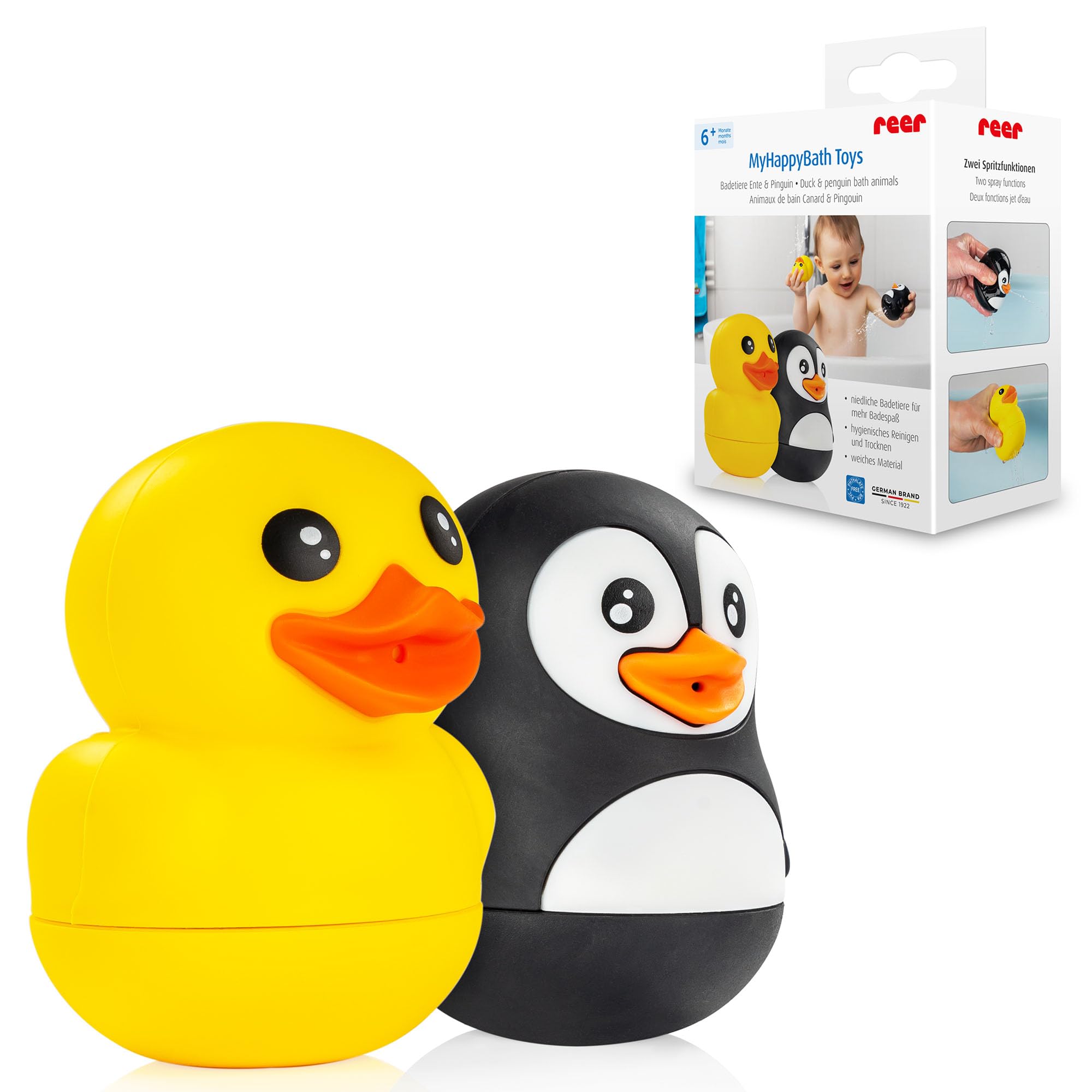 reer MyHappyBath Toys animales para bañera patito y pingüino | Juguetes de baño para bebés y niños a partir de 6 meses | Divertidos juguetes para la bañera