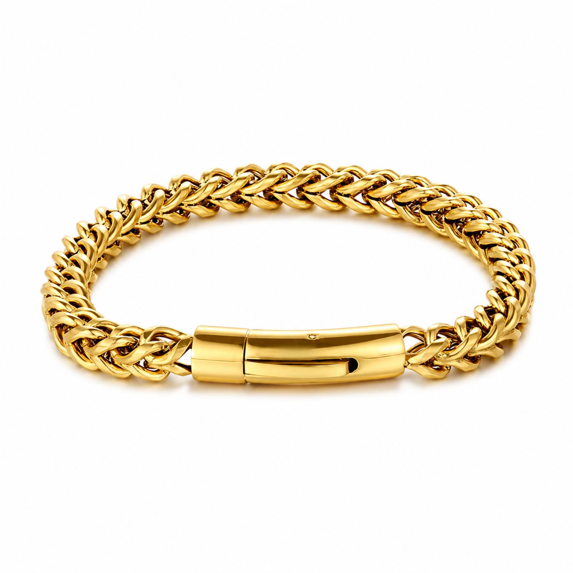 Gold Plated Franco Chain Bracelet for Men — Stainless Steel Box Clasp, Thick Wheat Braid Link, Anti-Tarnish Hip Hop Wrist Chain Bracelet