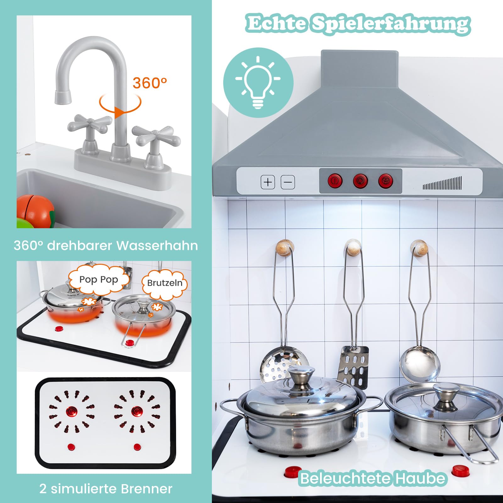 COSTWAY Kinderkeuken met accessoires, 3-in-1 houten kinderkeuken met koelkast, wasmachine en magnetron, incl. fornuis, gootsteen, oven, speelkeuken met licht en geluid voor vanaf 3 jaar (bruin