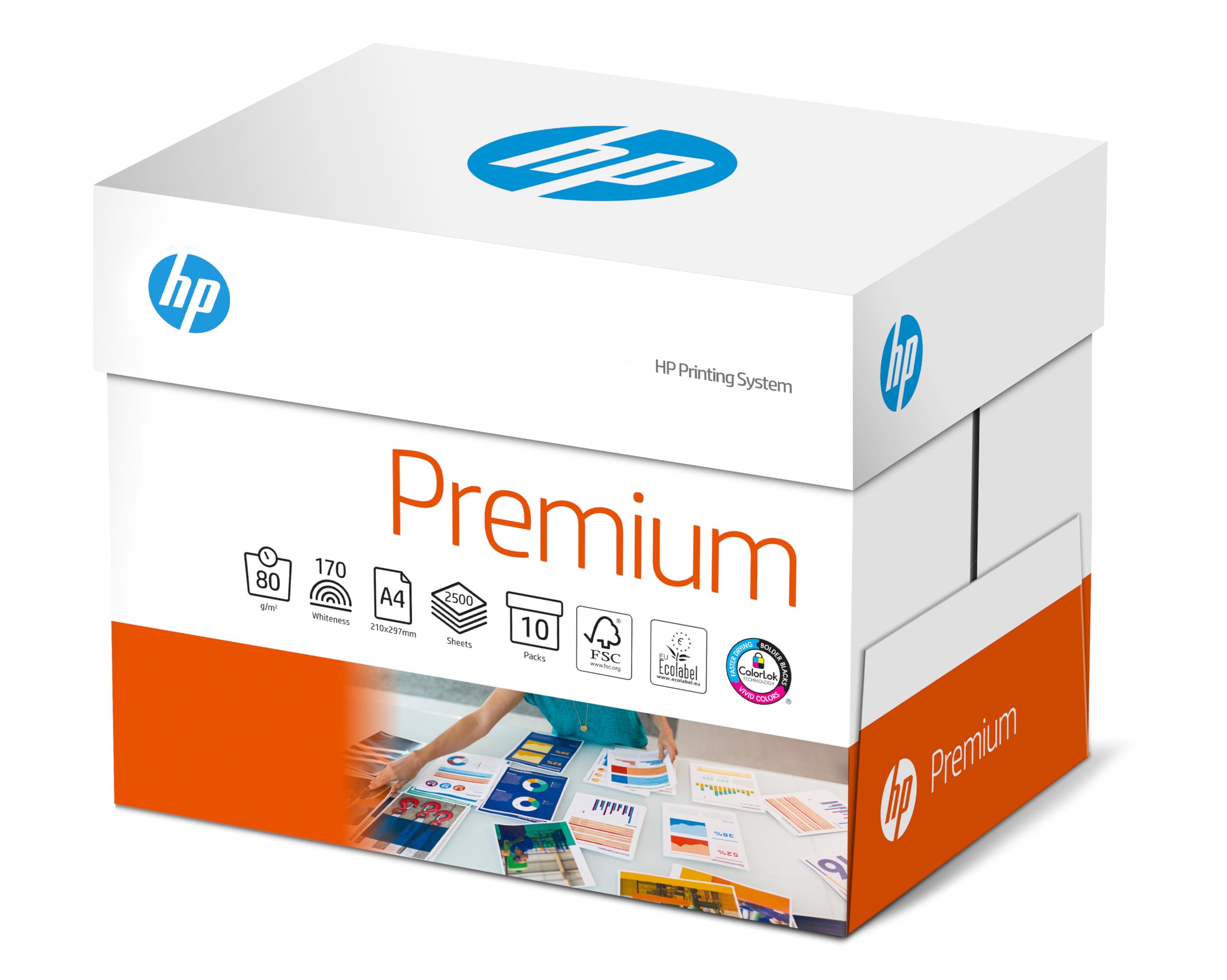 HP PREMIUM, Papel superior de alta blancura, A4, 80 g/m2, caja 10 paquetes (2500 hojas)